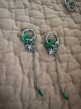 Silver Star Charm Hoop Earrings with Jade Bead Drops
